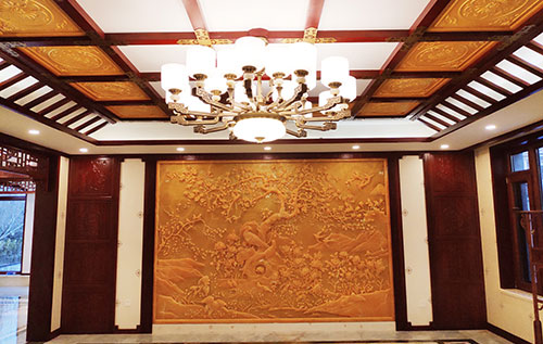 西安中式别墅客厅中式木作横梁吊顶装饰展示