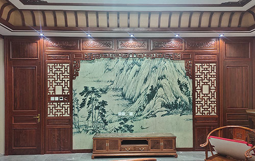 西安中式仿古别墅客厅背景墙花格木作装饰